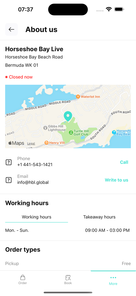 Horseshoe Bay Live - About us screen of the Horseshoe Bay Live app showing business location on a map contact details and working hours