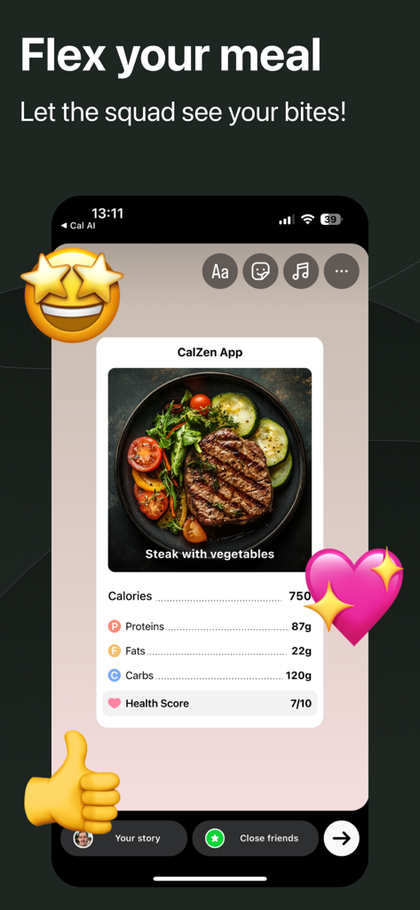 CalZen AI Food Calorie Counter - Smartphone-Bildschirm, der die Nährwertdaten der CalZen KI-Mahlzeit anzeigt, formatiert für das Teilen in sozialen Medien.