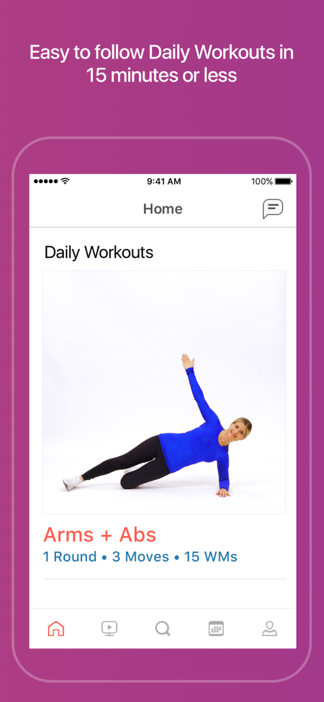 Grokker: Yoga, Fitness, Mind - Grokker app interface showing a 15-minute Arms and Abs daily workout with a trainer performing a side plank.
