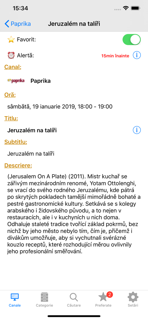 Detalles de un programa de TV en la aplicación Horario de TV Rumana que muestra información del canal, hora y descripción del programa