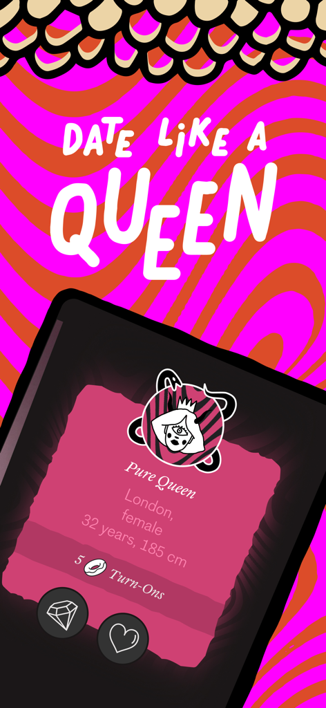 Schermata promozionale per l'app di incontri PURE con lo slogan Incontra come una regina e un profilo femminile di esempio.