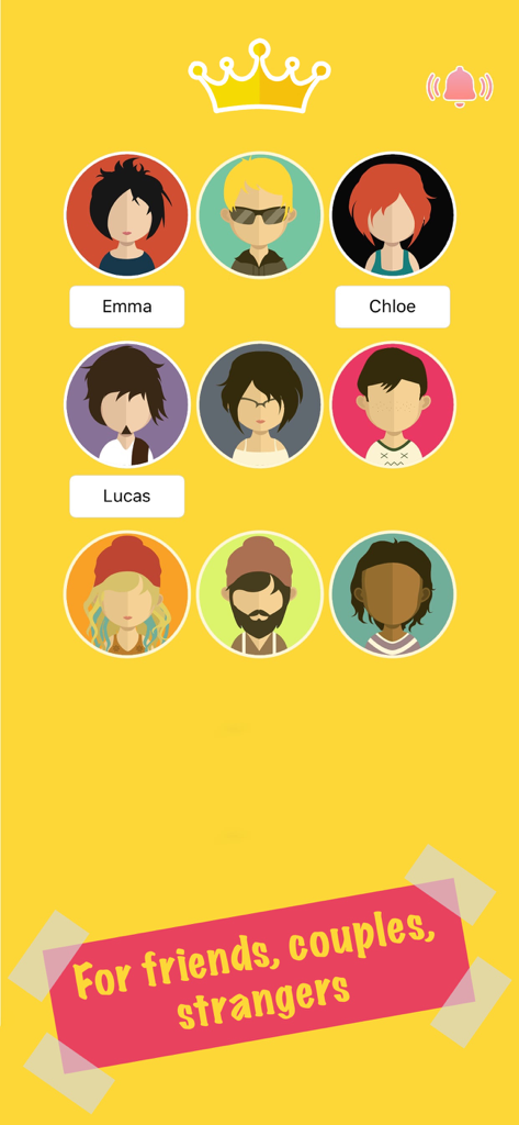 Pin-up: Dirty House Party Game - Pantalla de selección de avatares para Pin-up Dirty House Party Game con iconos de personajes diversos y un banner para amigos, parejas y extraños.