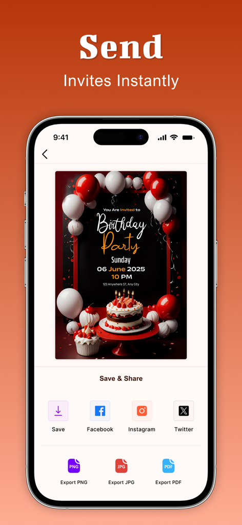 Invitation Maker-RSVP,Greeting - Smartphone mostrando una invitación de cumpleaños con opciones para compartir en redes sociales y exportar como PNG, JPG o PDF