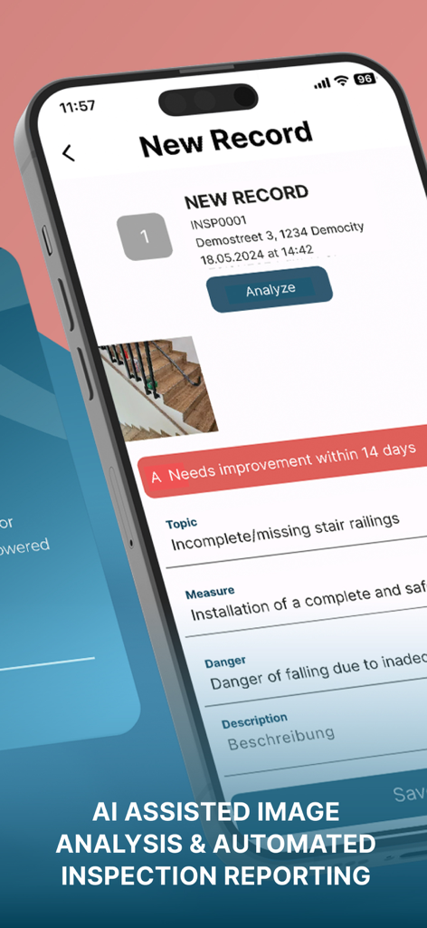 reportly - Interfaz de la aplicación Reportly que demuestra el análisis de imágenes impulsado por IA para informes de inspección automatizados