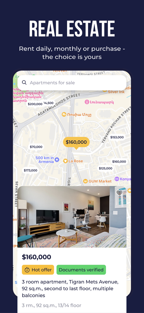List.am - Armenian Marketplace - List.am app real estate section showing property listings and a map of Yerevan Armenia