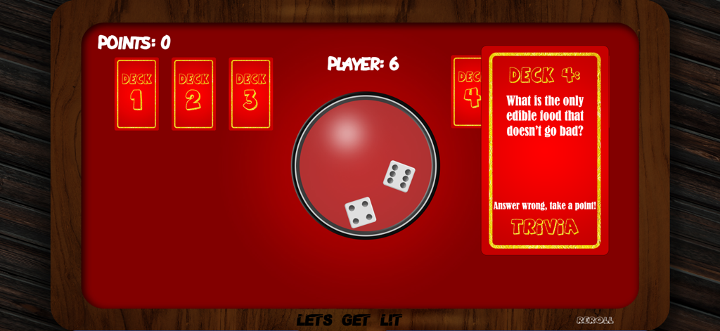 Lets Get Lit - Interface of the Lets Get Lit mobile game showing a trivia card question and dice on a red digital table.