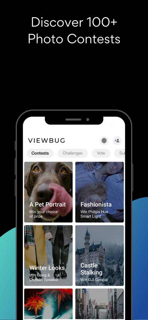 Bildschirm der mobilen VIEWBUG-App, der verschiedene Fotowettbewerbe und Preise zeigt.