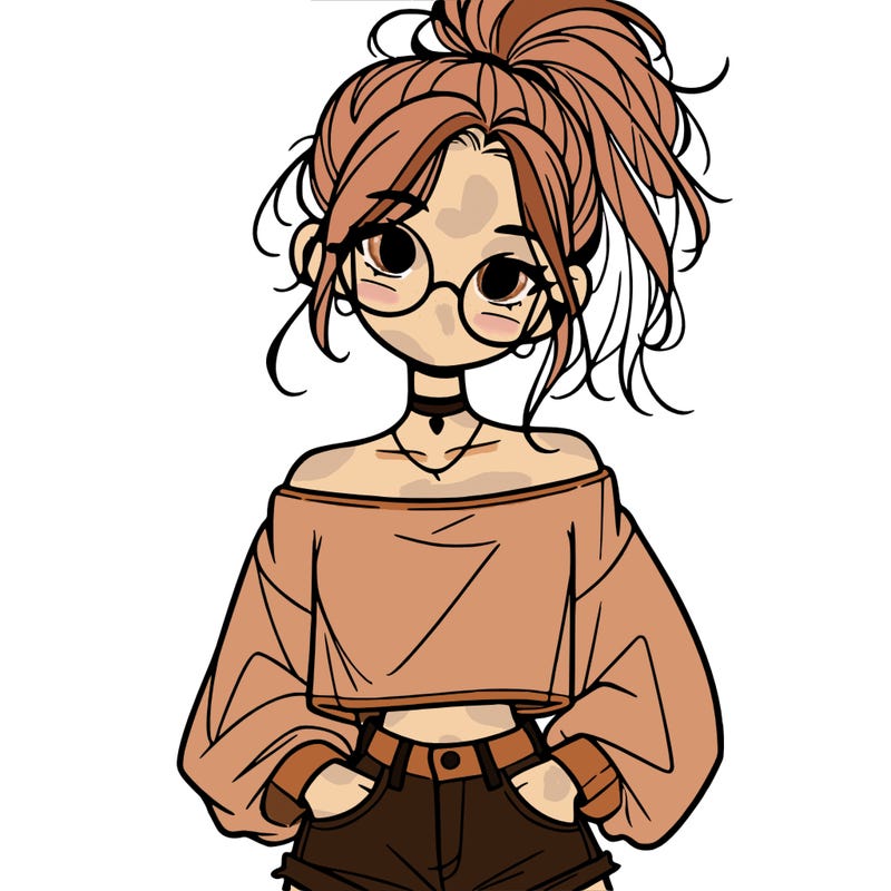 girl with a messy ponytail glasses a baggy crop top and jean shorts