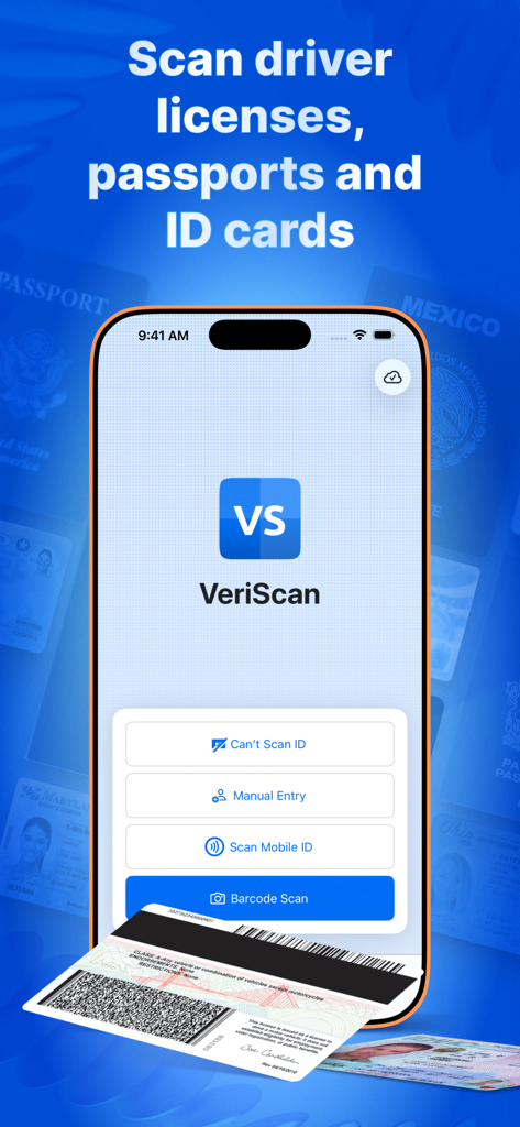 VeriScan mobile app interface showing options to scan driver licenses, passports, and ID cards via barcode.