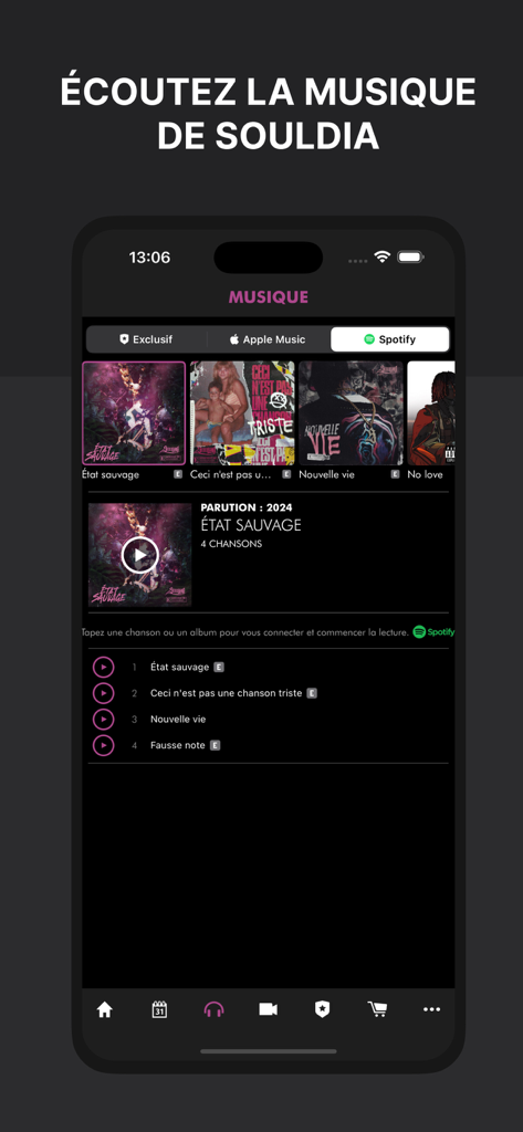 Souldia - Official App - Interfaz del reproductor de música en la App Oficial de Souldia mostrando la lista de canciones del álbum Etat Sauvage