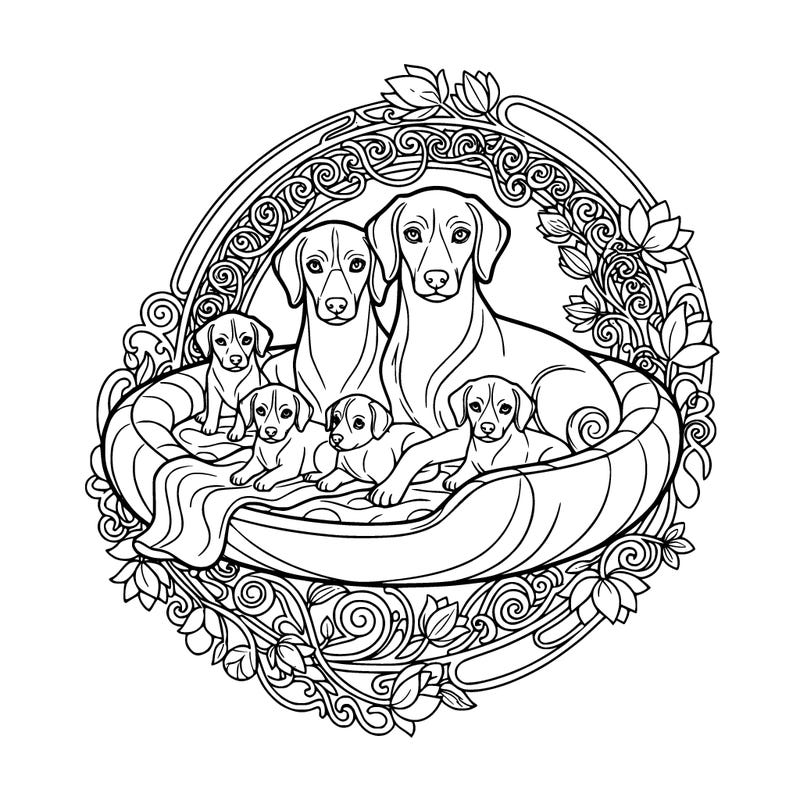 cute puppies with there mom and dad in a dog bed with a blanket.