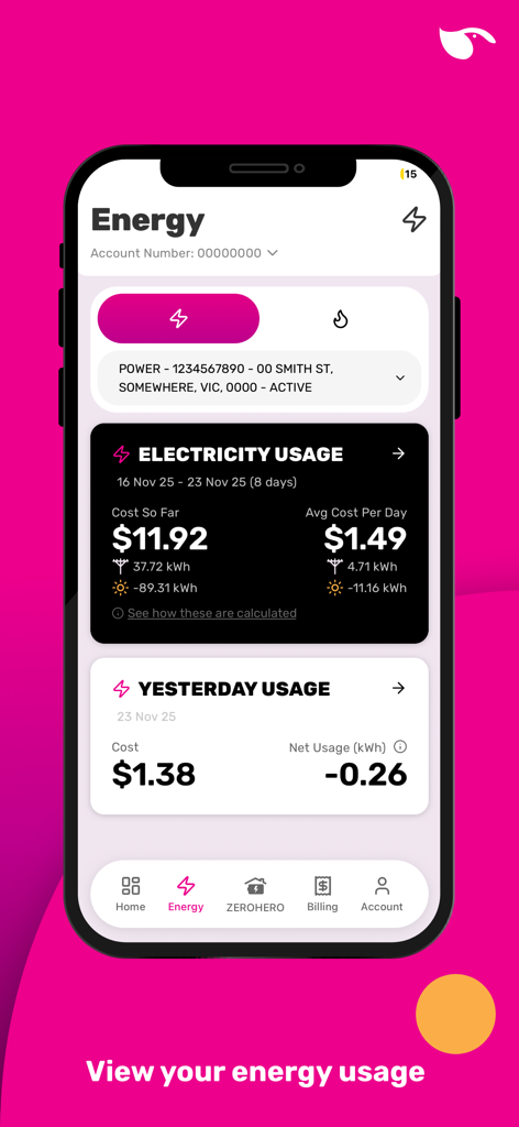 GloBird - GloBird mobile app energy usage dashboard showing daily electricity costs and net usage