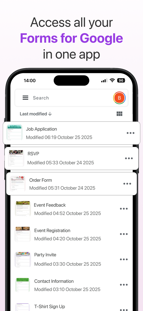 Um smartphone exibindo o painel do aplicativo Formulários para Google Doc com uma lista de formulários, incluindo Candidatura de Emprego, RSVP e Formulário de Pedido.