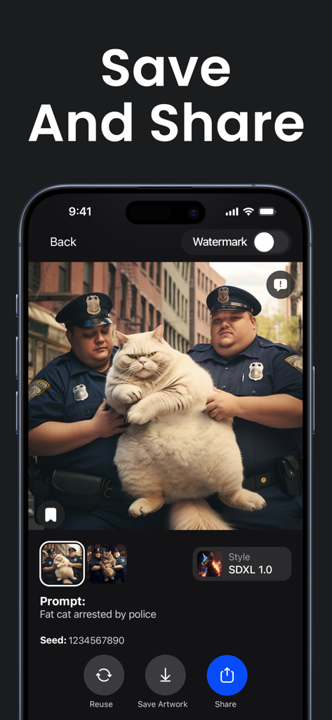 AI Photo Generator: ARTA - AI Arta app interface displaying an AI generated image of a fat cat and options to save or share.