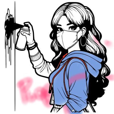 realistic girl with mask spray painting a wall