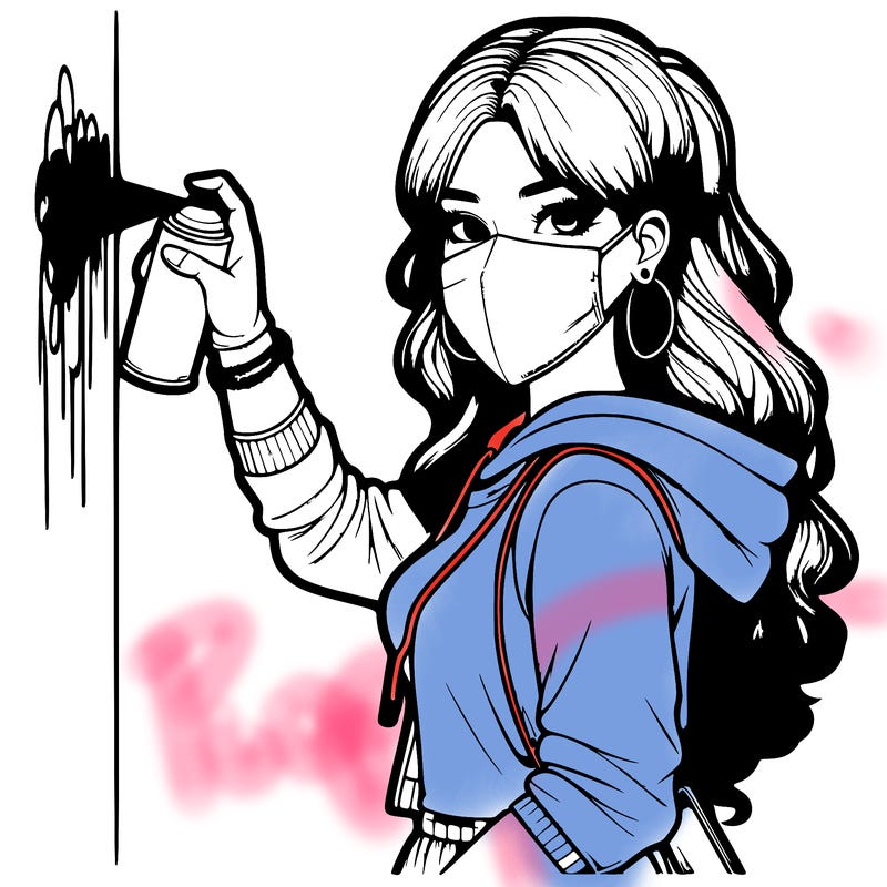 realistic girl with mask spray painting a wall