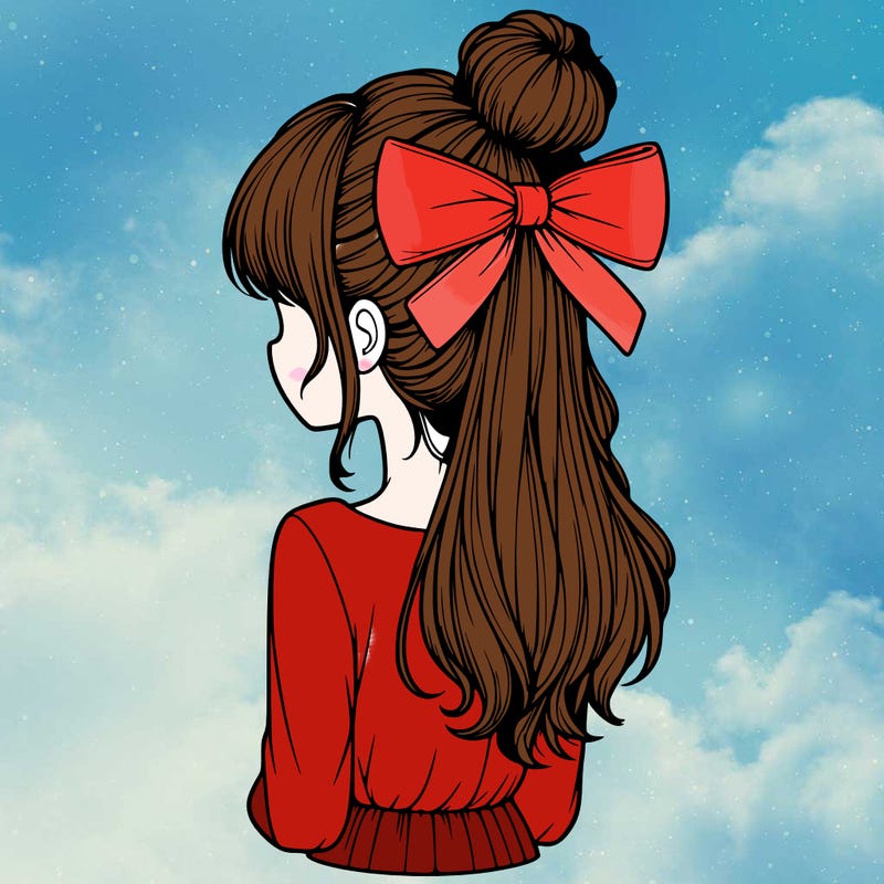 realistic girl  with hip length hair a bun and a big bow on the back of head
