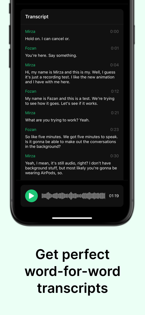 Yap: AI Note Taker - Yap AI Note Taker interface showing a word for word conversation transcript with speaker labels and timestamps