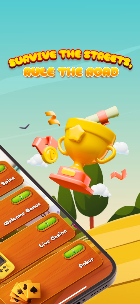 Chicken Road Games - A golden trophy and medal floating above a mobile phone displaying the Chicken Road Games app menu with casino options