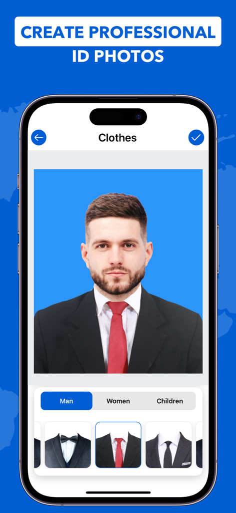 Una pantalla de smartphone mostrando una app de fotos de DNI con la opción de añadir un traje y corbata profesional a un retrato.