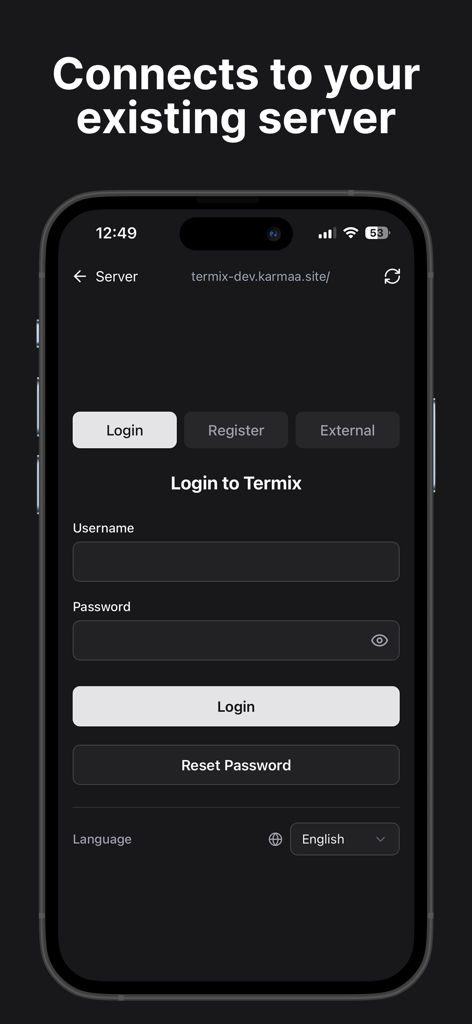 Termix - SSH Companion - Login screen of the Termix SSH Companion app showing username and password fields for server connection