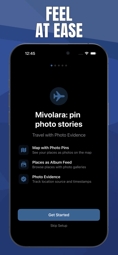Minichat: find new friends - Onboarding screen of the Mivolara app featuring private travel journaling with photo pins and location tracking features.