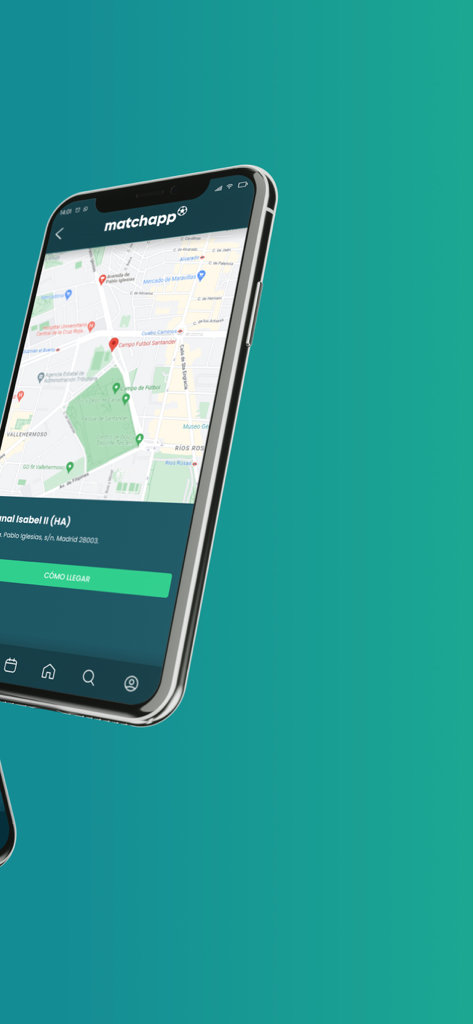 Pantalla de smartphone de Matchapp que muestra un mapa con ubicaciones de campos de fútbol y un botón de navegación