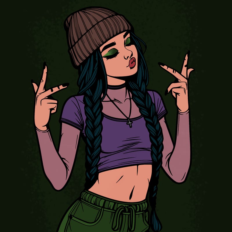realistic teenage girl with braids and a beanie and crop top doing 🫶🏼