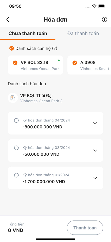 Bill payment interface in the Vinhomes Resident app showing unpaid invoices for property management.