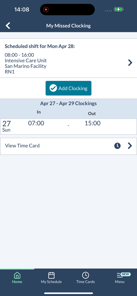 symplr Workforce - Mobile interface of the symplr Workforce app showing a missed clocking alert and scheduled shift details for a nurse