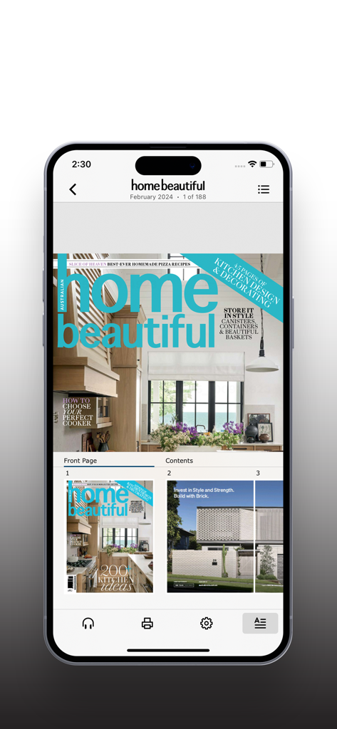 Digital magazine interface for Home Beautiful app featuring a modern kitchen design