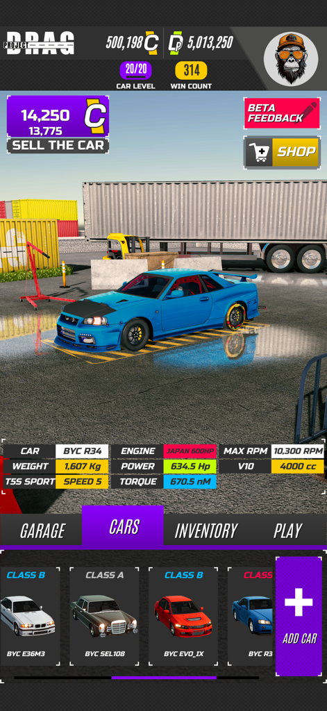 Project DRAG : Online - Project DRAG Online garage screen showing a blue sports car with performance statistics and vehicle inventory.