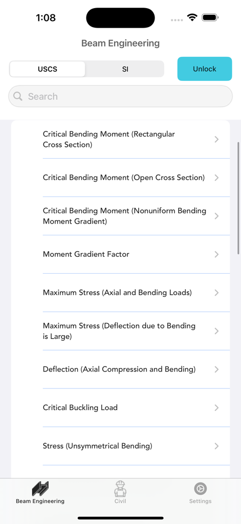 Beam Engineering lite app interface showing a list of structural analysis calculators for bending moments and stress.