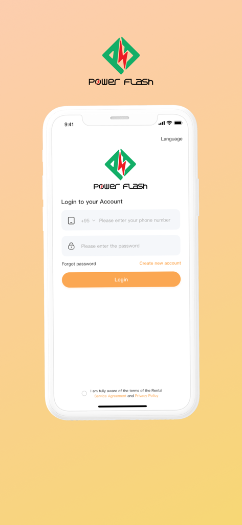 PowerFlash++ - Login screen for the PowerFlash plus plus power bank sharing mobile app showing phone and password fields.