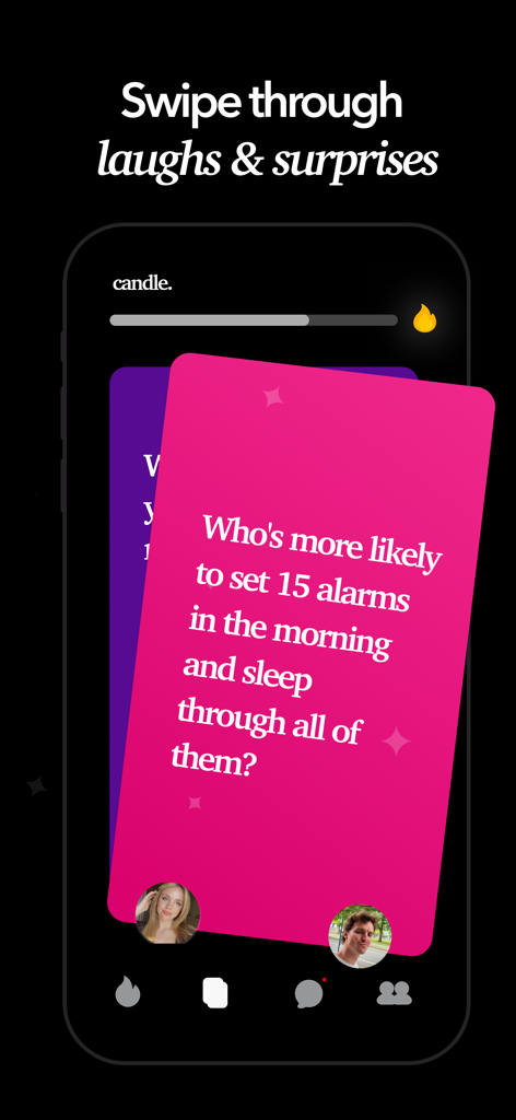 Candle app showing a Who's More Likely relationship game card for couples.