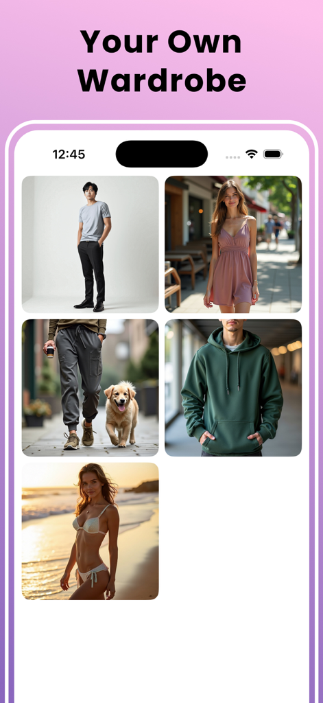 AI Stylist Outfit Clothes Gen - AI Stylist app interface displaying a digital wardrobe gallery with various outfit styles