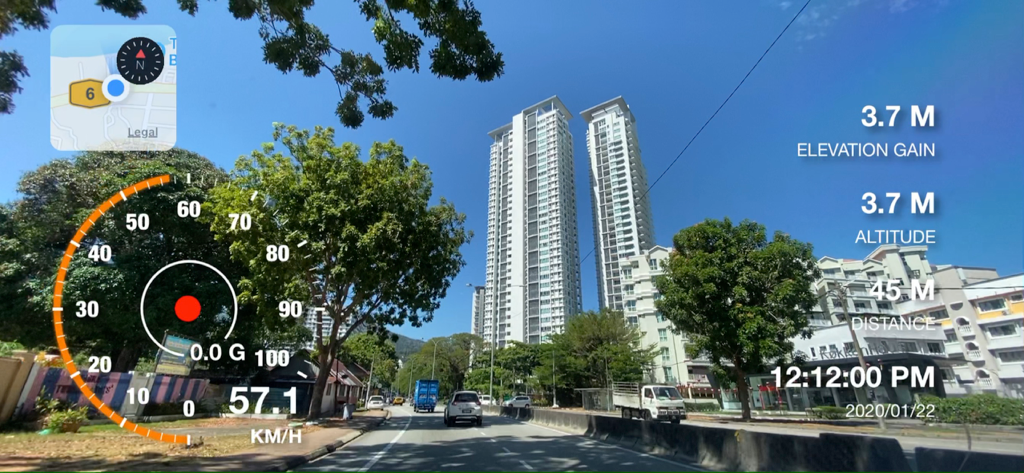 Motion Log Cam - Interface do aplicativo Motion Log Cam mostrando uma gravação de vídeo com sobreposições de velocímetro, mapa e altitude em tempo real.