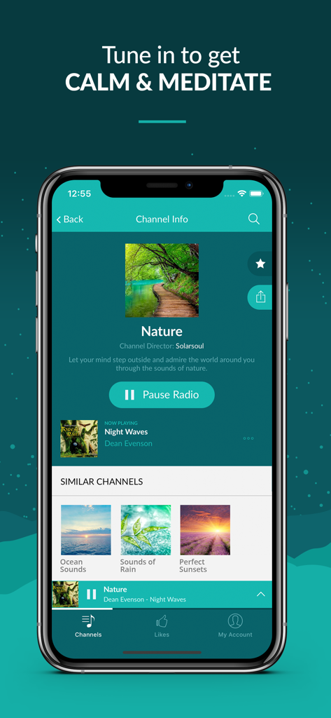 Zen Radio: Calm Relaxing Music - Zen Radio mobile app showing the Nature channel for meditation and relaxation.