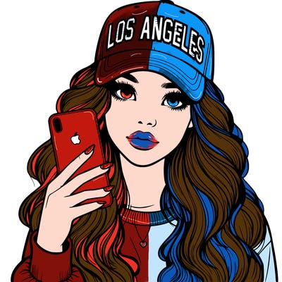realistic beautiful girl wearing los ángeles cap holding an iphone
