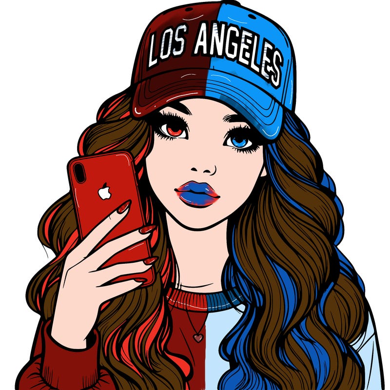 realistic beautiful girl wearing los ángeles cap holding an iphone