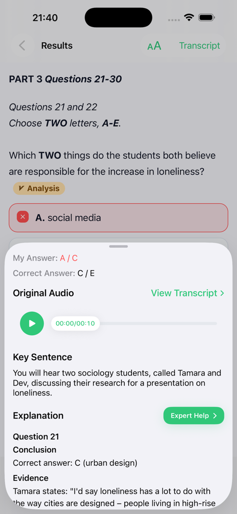 IELTS Practice | Test | Ace - Pantalla de resultados del examen de escucha IELTS con una pregunta de práctica, explicación de la respuesta y reproductor de audio.