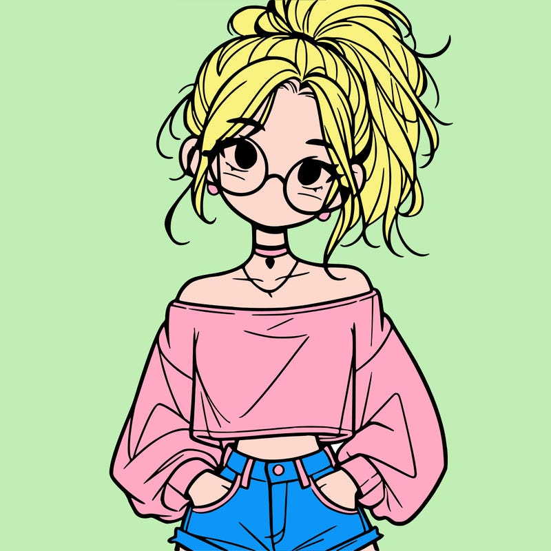 girl with a messy ponytail glasses a baggy crop top and jean shorts