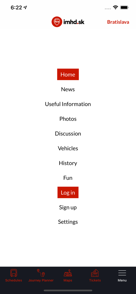 Hauptmenü der mobilen App imhd.sk für öffentliche Verkehrsmittel in Bratislava mit Navigationsoptionen wie Fahrpläne und Karten.