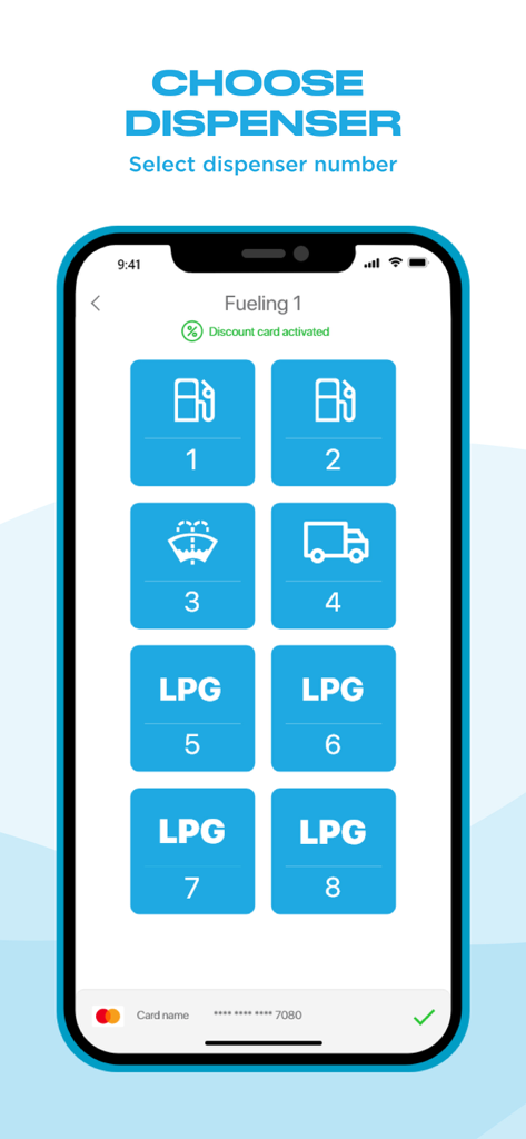 Cloudics - Cloudicsアプリを使用してガソリンスタンドの燃料またはLPGディスペンサーを選択するモバイルインターフェース