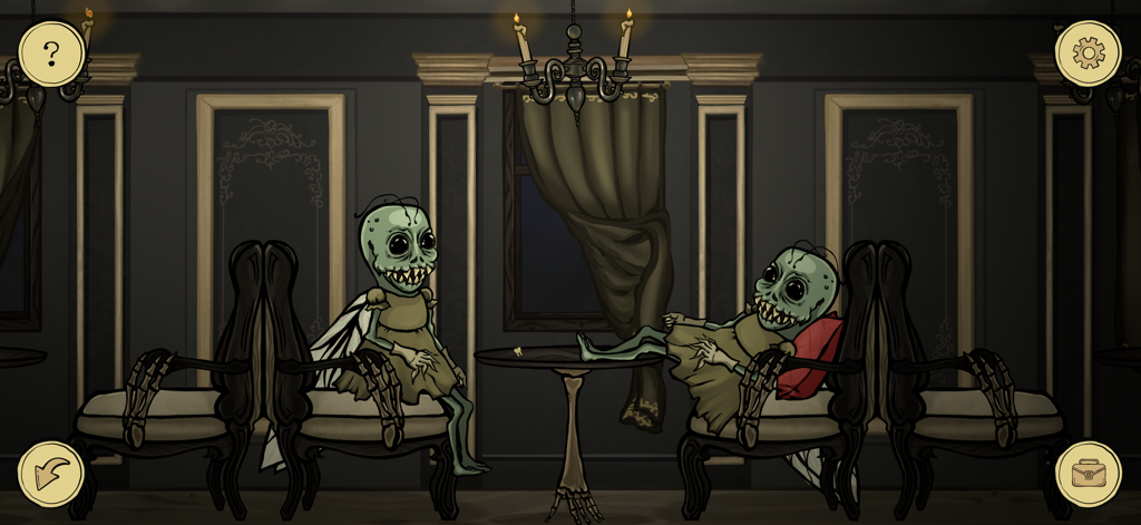 Room Escape: Strange Case 3 - Dos espeluznantes criaturas parecidas a insectos sentadas en un oscuro vagón de tren con sillas esqueléticas.
