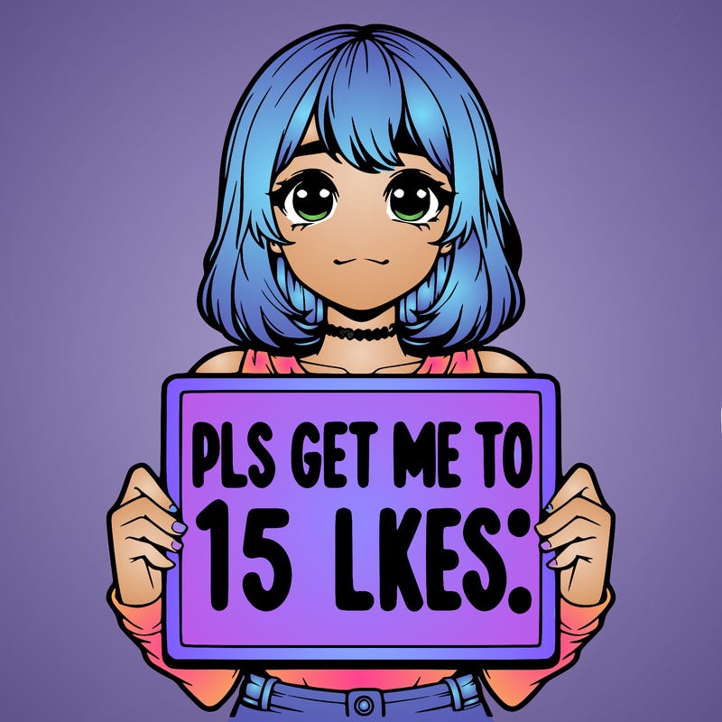 realistic girl holding up a sign that says “pls get me to 15 likes!”