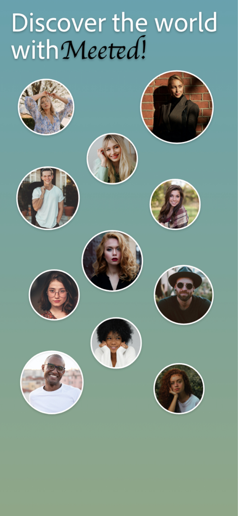 Pantalla de la aplicación de citas Meeted que muestra diversos perfiles de usuario y el texto Descubre el mundo con Meeted
