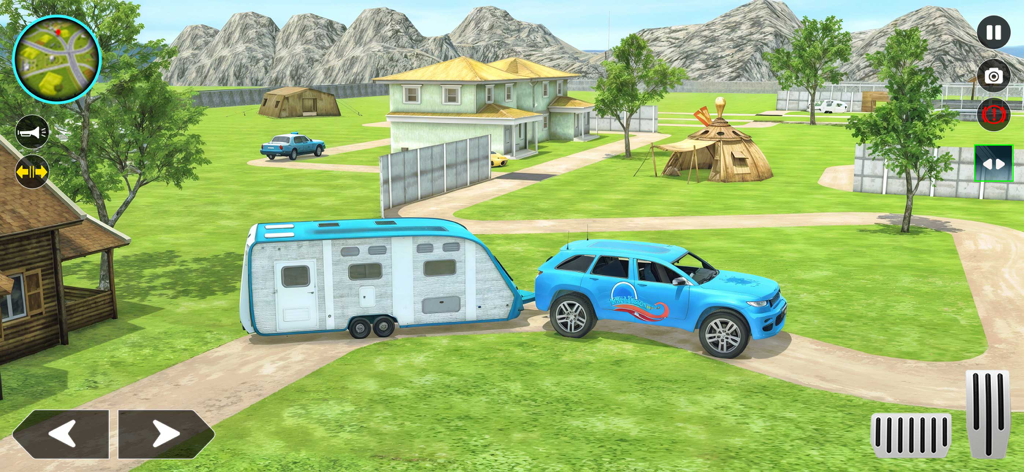 Van Life: Camping Game - A blue SUV towing a camper trailer on a path through a green field with houses and mountains