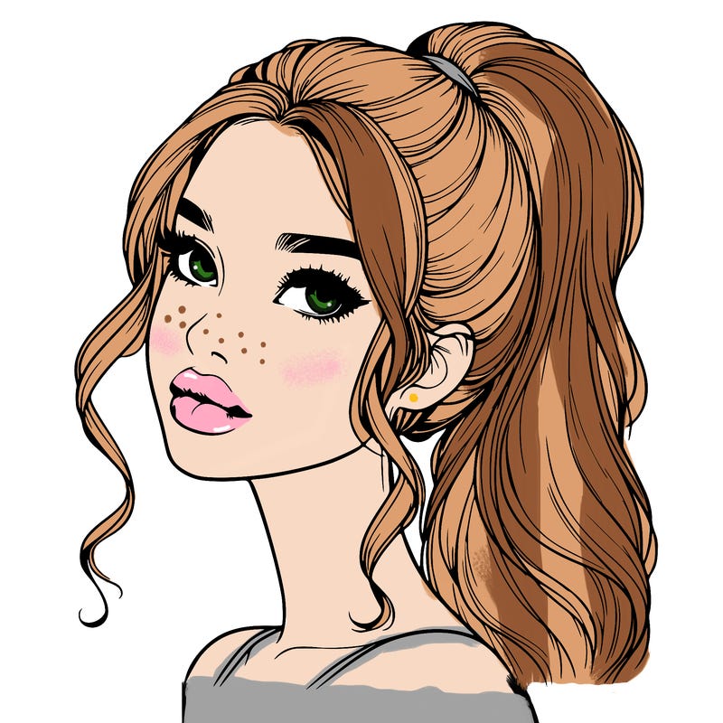 realistic girl with a ponytail on her hair and lips