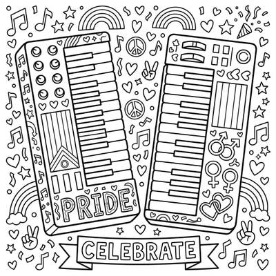 Express your creativity and celebrate love with this dynamic MIDI Keyboards Pride coloring page. Featuring musical instruments surrounded by festive rainbow, heart, and peace symbols, it's perfect for artists of all ages.